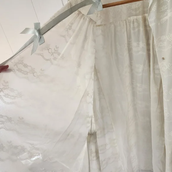 Vintage Odette Barsa Ivory Lace Peignoir Robe 1950s Sheer Blue Ribbon - Picture 7 of 15